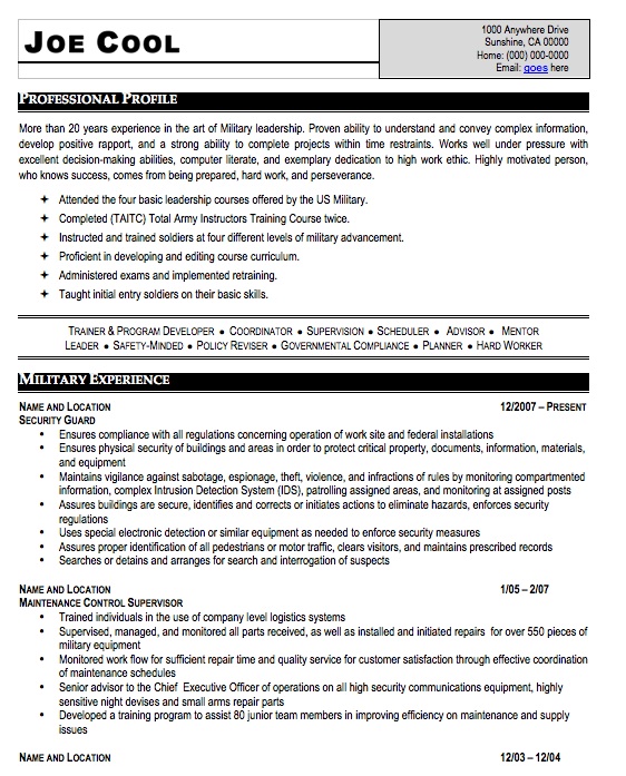 Resume format for ex army