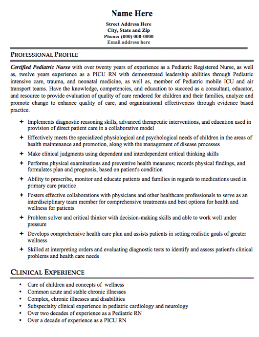 Professional Pediatric Nurse Resume Sample