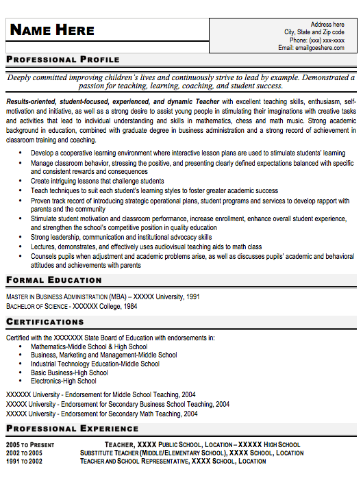 Sample teacher resume wording